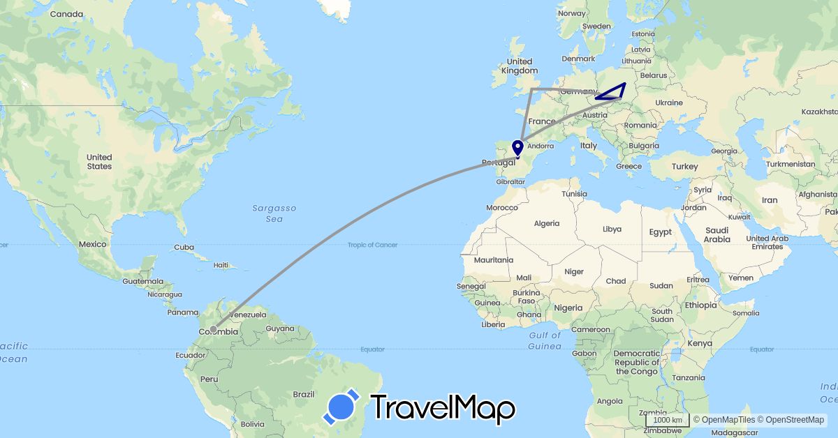 TravelMap itinerary: driving, plane in Colombia, Czech Republic, Spain, United Kingdom, Poland (Europe, South America)
